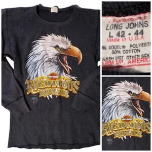 Vtg 1985 Harley Davidson Thermal Shirt L 3D Emblem Black Eagle Righteous USA